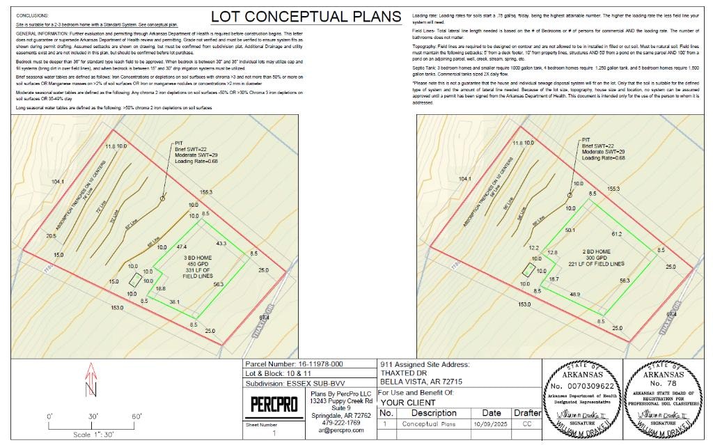 Example PercPro stamped lot conceptual plan showing field lines, setbacks, and site layout